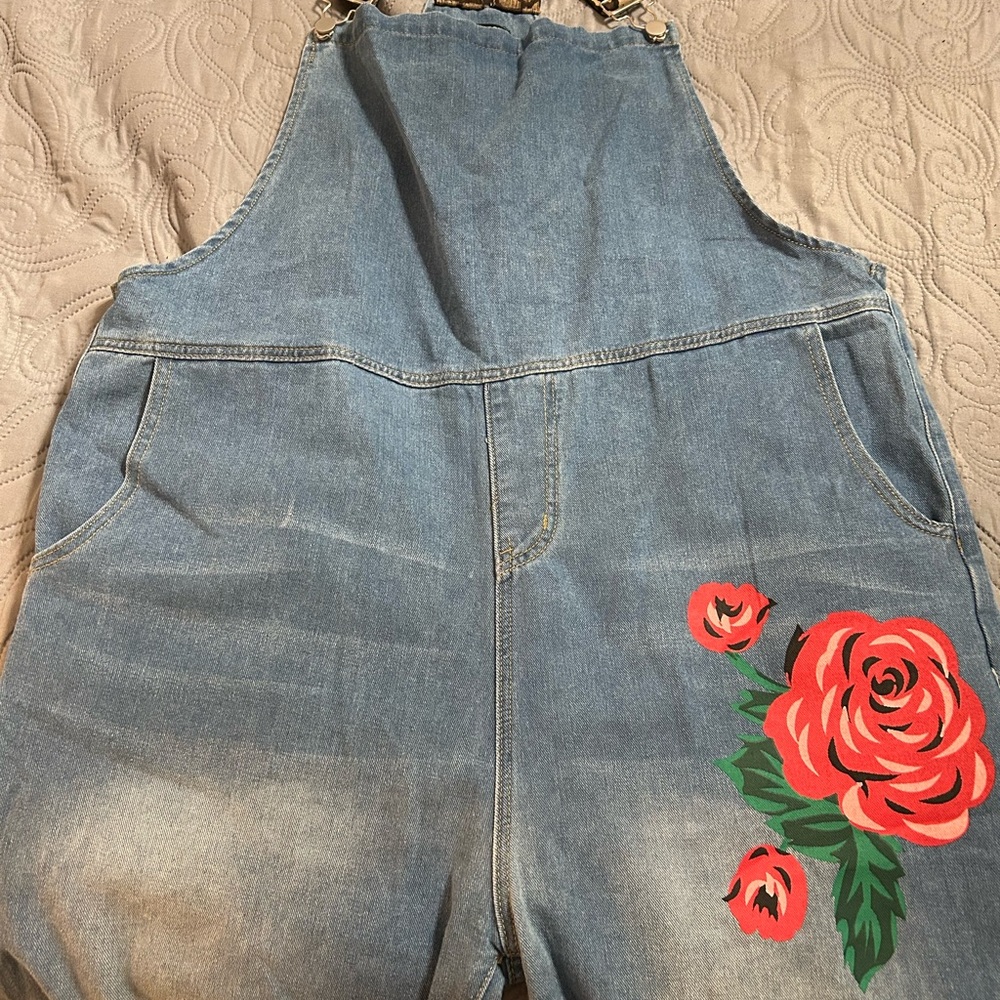 Blue Overalls with Soft Worn Texture and Animal Print Straps